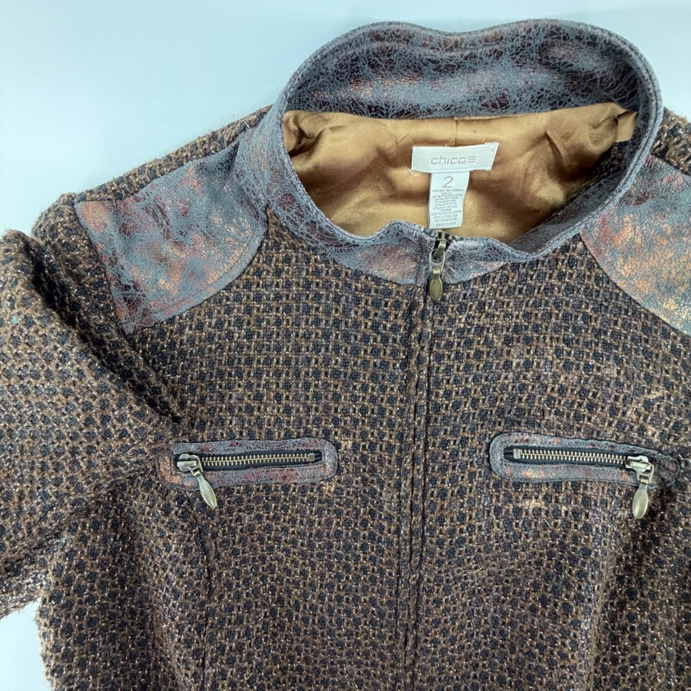 Chico's Textured Blazer Jacket Brown Metallic‎ Moto Style Size 2